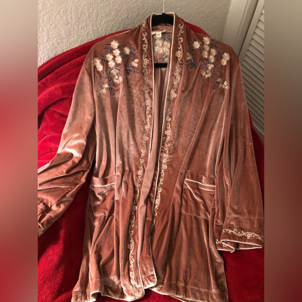 POL Mauve Velvet Embroidered Floral Robe Wrap Lounge Floral M/L